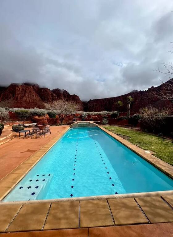 Backyard pool surrounded by desert landscaping